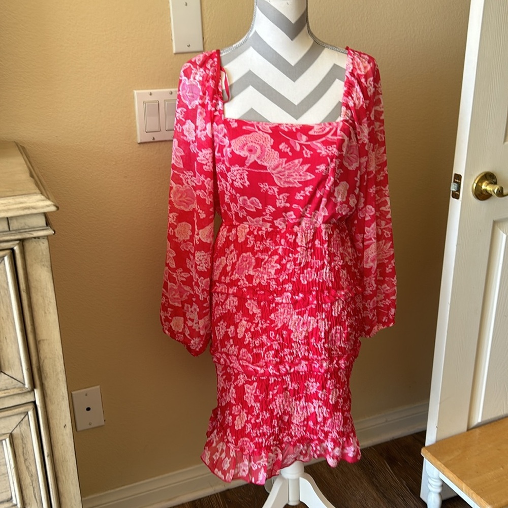 XL Sim & Sam Square Neck Smocked Body Dress,Red Pink Floral, Sheer Sleeves, NWT